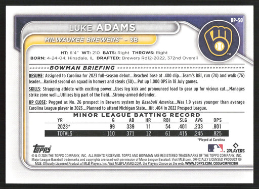 2024 Bowman #BP-50 Luke Adams Base