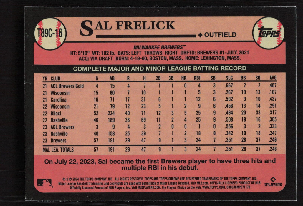 2024 Topps #T89C-16 Sal Frelick 1989 Topps Baseball 35th Anniversary Chrome