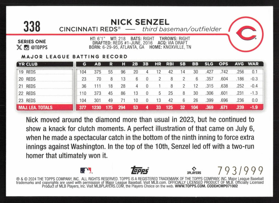 2024 Topps #338 Nick Senzel Blue Holofoil #/999