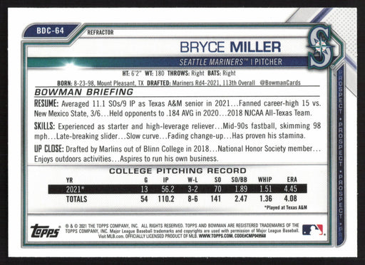 2021 Bowman Draft #BDC-64 Bryce Miller Chrome Refractor