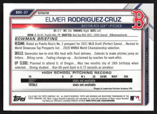 2021 Bowman Draft #BDC-37 Elmer Rodriguez-Cruz Chrome Refractor