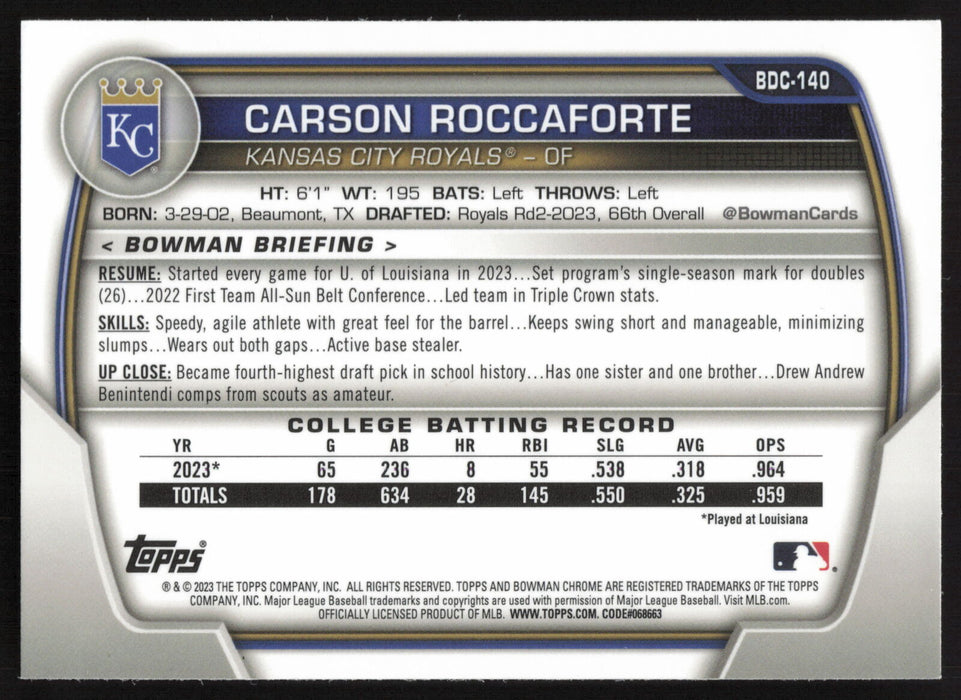 2023 Bowman Draft #BDC-140 Carson Roccaforte Chrome Lunar Glow Refractor