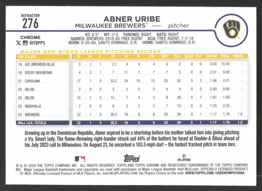 2024 Topps Chrome #276 Abner Uribe Refractor