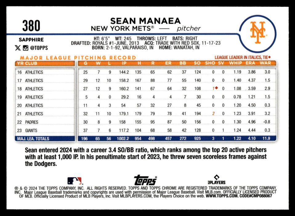 2024 Topps Chrome Sapphire #380 Sean Manaea