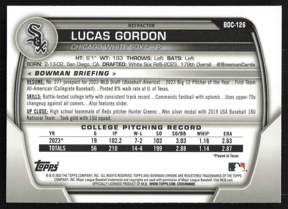 2023 Bowman Draft #BDC-126 Lucas Gordon Chrome Refractor