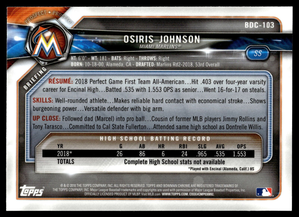 2018 Bowman Draft #BDC-103 Osiris Johnson Chrome