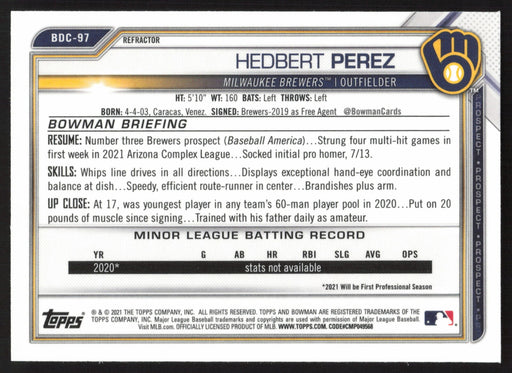 2021 Bowman Draft #BDC-97 Hedbert Perez Chrome Refractor