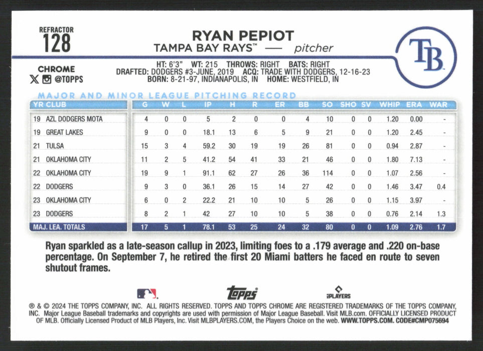 2024 Topps Chrome #128 Ryan Pepiot Refractor