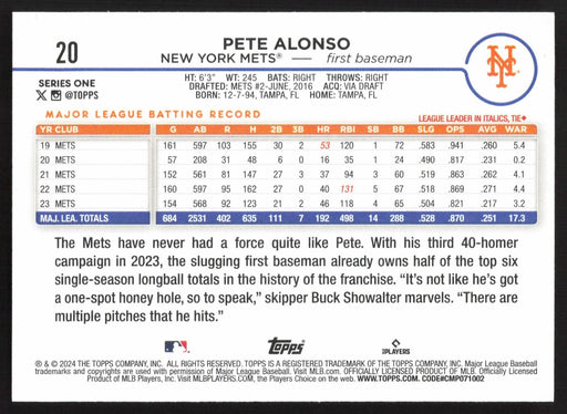 2024 Topps #20 Pete Alonso Royal Blue