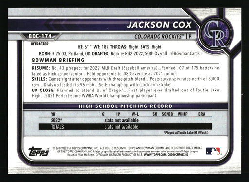 2022 Bowman Draft #BDC-174 Jackson Cox Chrome Refractor