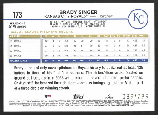 2024 Topps #173 Brady Singer Purple Holofoil #/799