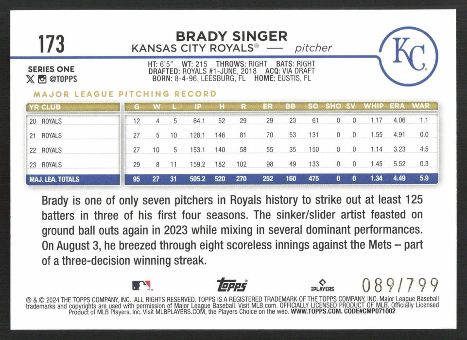 2024 Topps #173 Brady Singer Purple Holofoil #/799