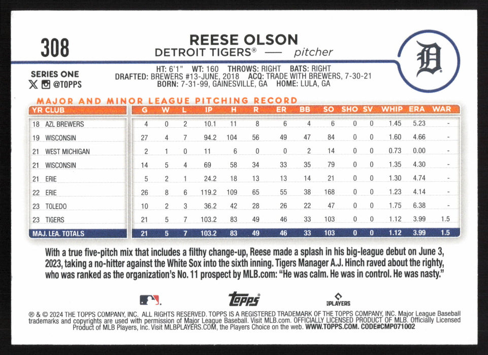 2024 Topps #308 Reese Olson - 5 Card Player Lot - Rookie Card