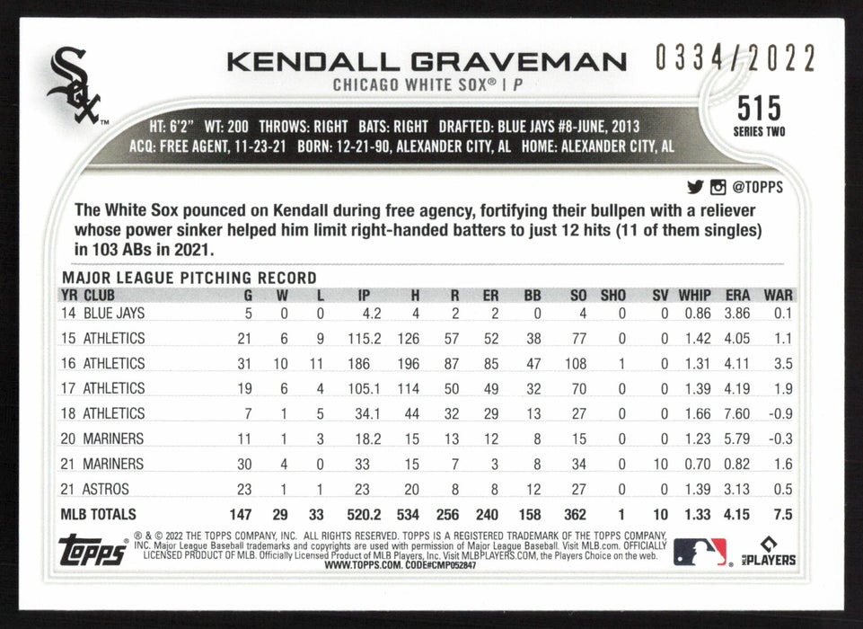 2022 Topps #515 Kendall Graveman Gold #/2022