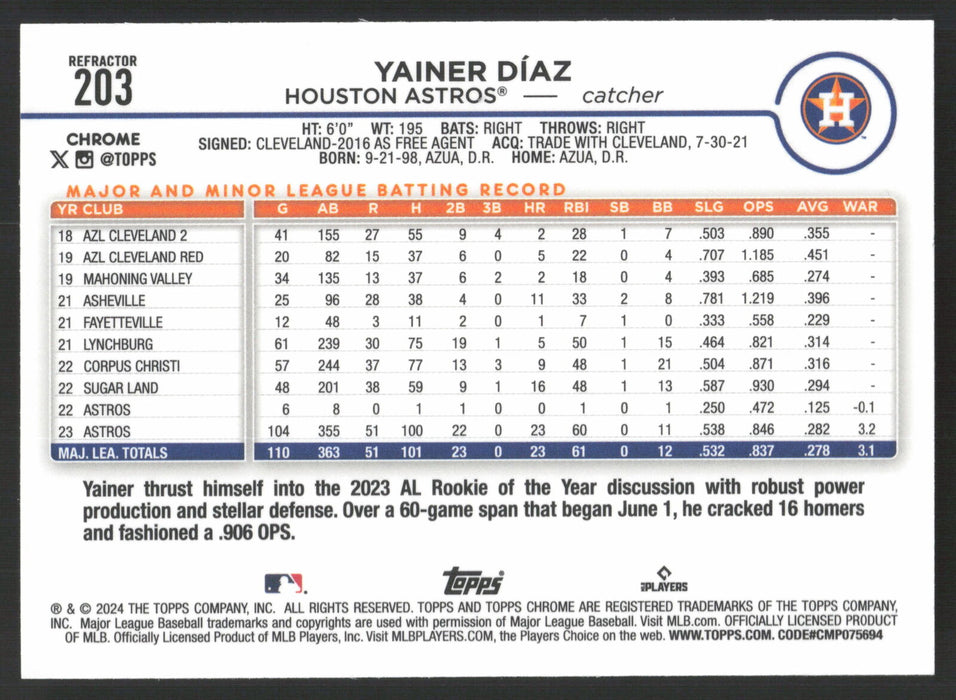 2024 Topps Chrome #203 Yainer Díaz Refractor