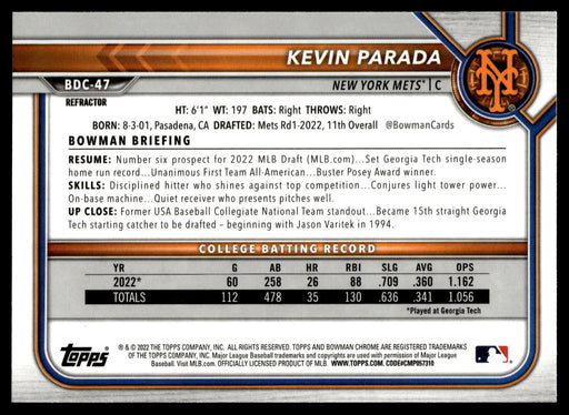 2022 Bowman Draft #BDC-47 Kevin Parada Chrome Refractor