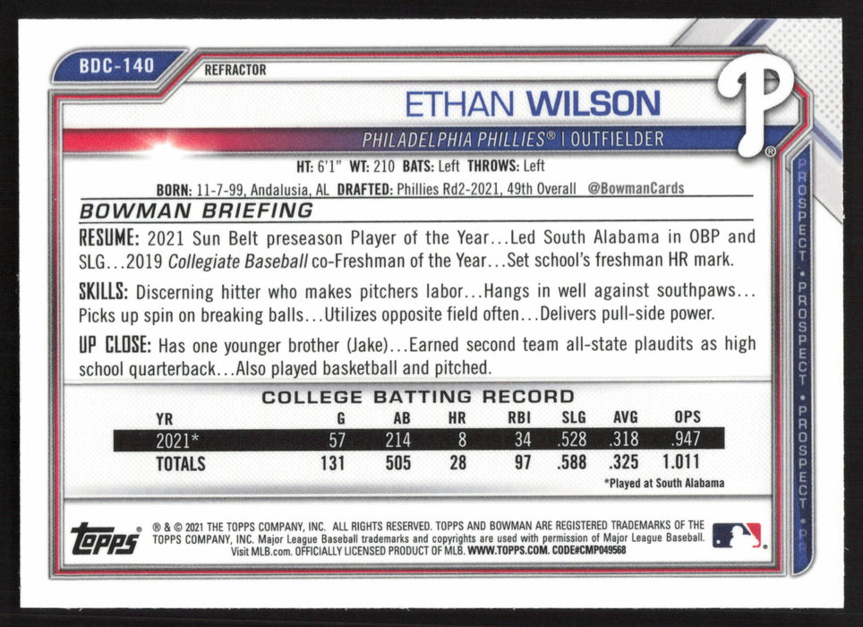 2021 Bowman Draft #BDC-140 Ethan Wilson Chrome Refractor