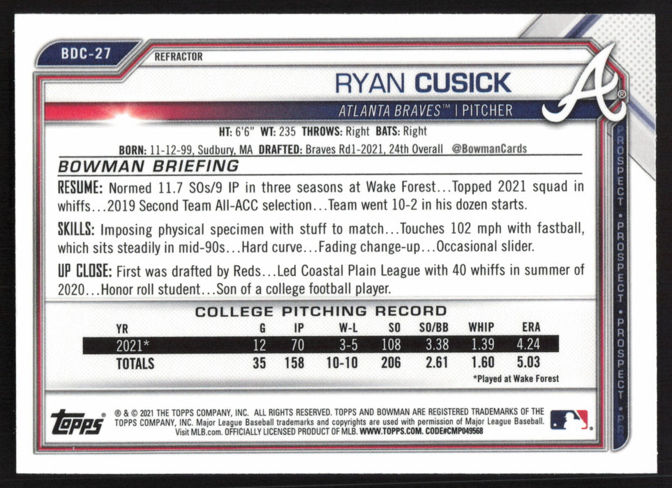 2021 Bowman Draft #BDC-27 Ryan Cusick Chrome Refractor