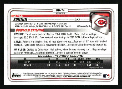 2020 Bowman Draft #BD-74 Bryce Bonnin Chrome Refractor