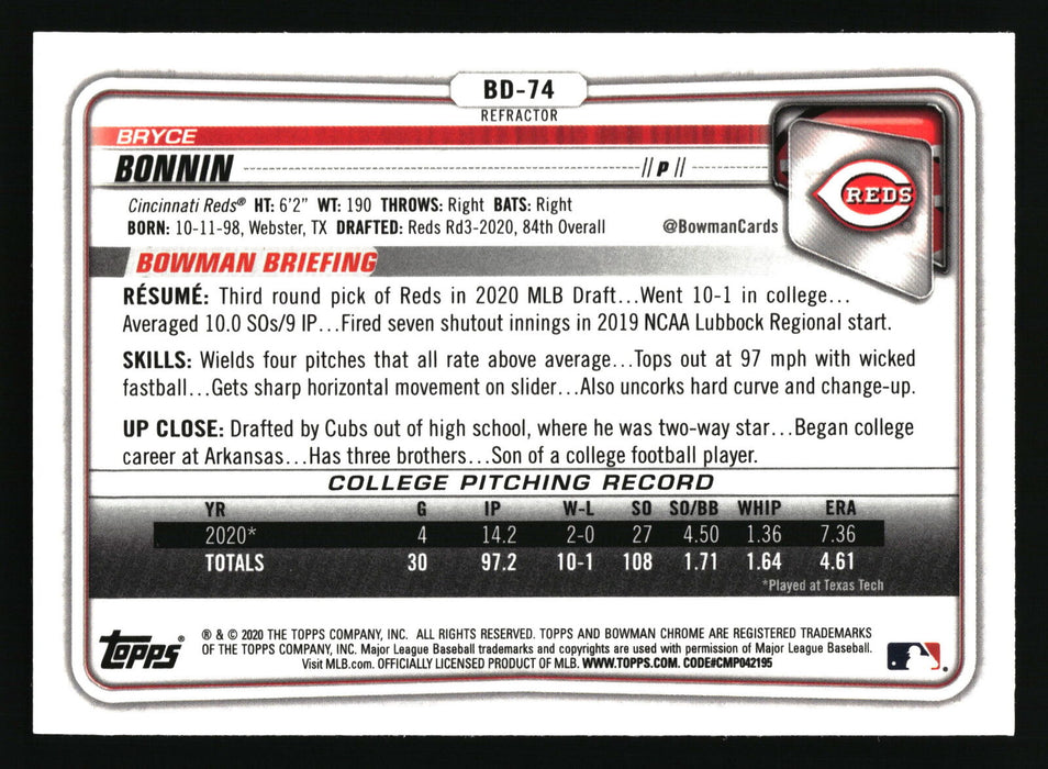 2020 Bowman Draft #BD-74 Bryce Bonnin Chrome Refractor