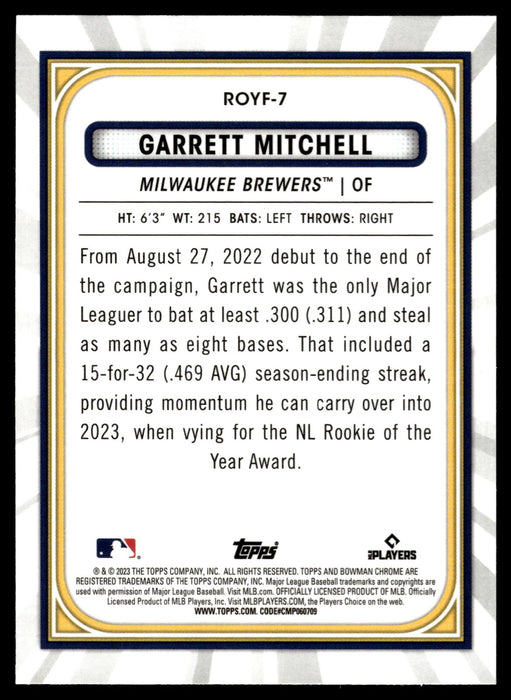 2023 Bowman #ROYF-7 Garrett Mitchell Rookie of the Year Favorites