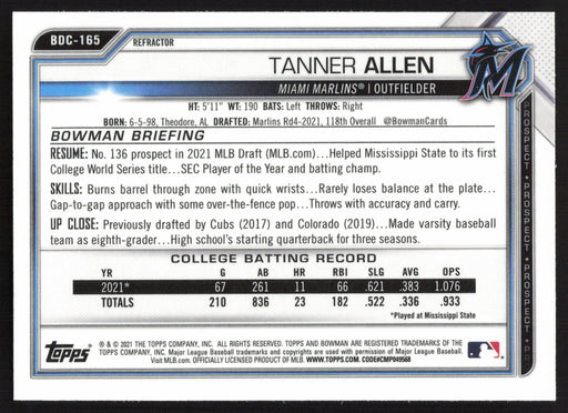 2021 Bowman Draft #BDC-165 Tanner Allen Chrome Refractor