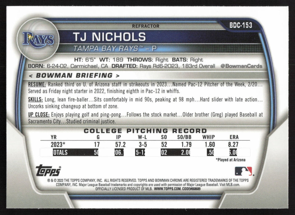 2023 Bowman Draft #BDC-153 TJ Nichols Chrome Refractor