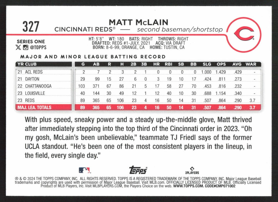 2024 Topps #327 Matt McLain Royal Blue