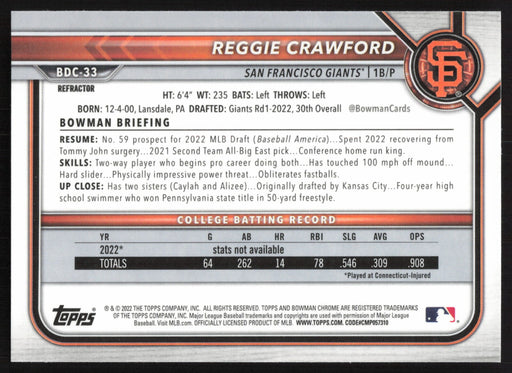 2022 Bowman Draft #BDC-33 Reggie Crawford Chrome Refractor