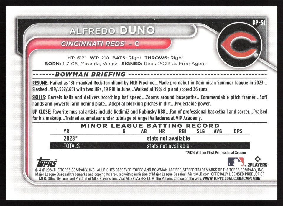 2024 Bowman #BP-51 Alfredo Duno Base