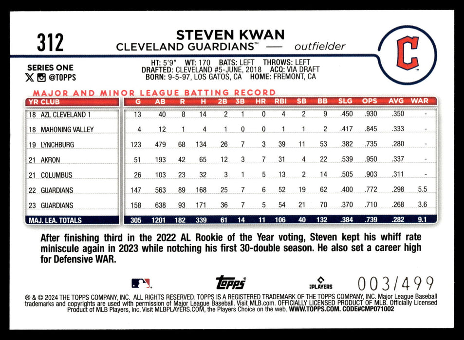 2024 Topps #312 Steven Kwan Green Crackle Foil #/499