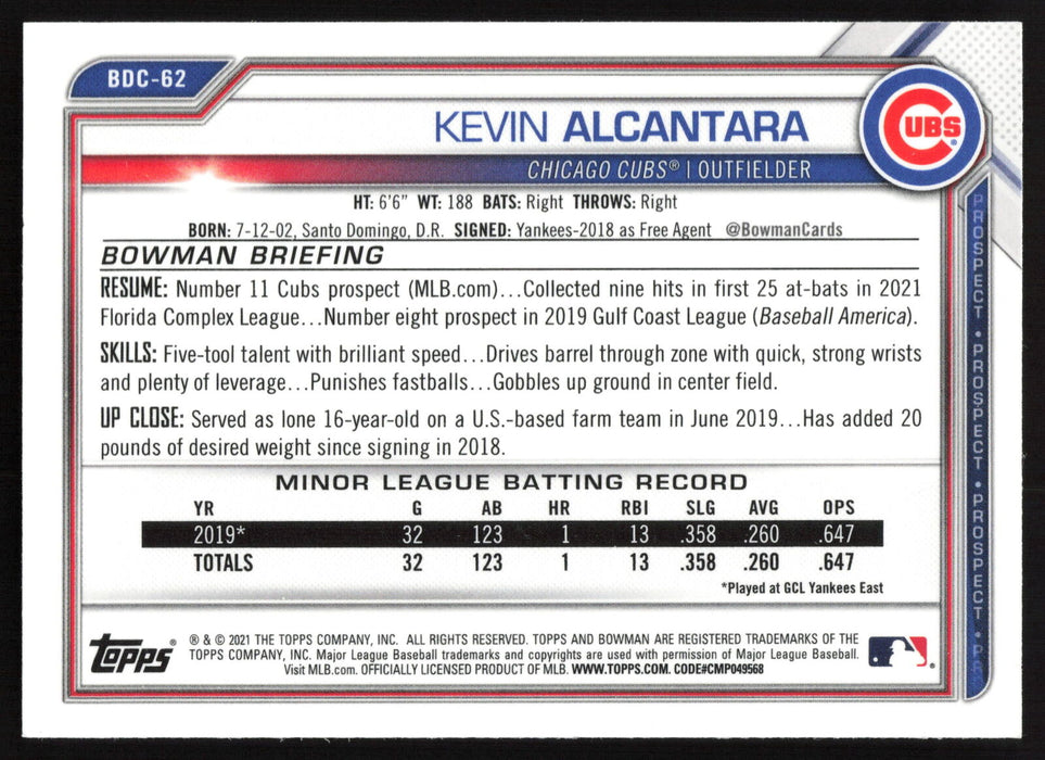 2021 Bowman Draft #BDC-62 Kevin Alcantara Chrome