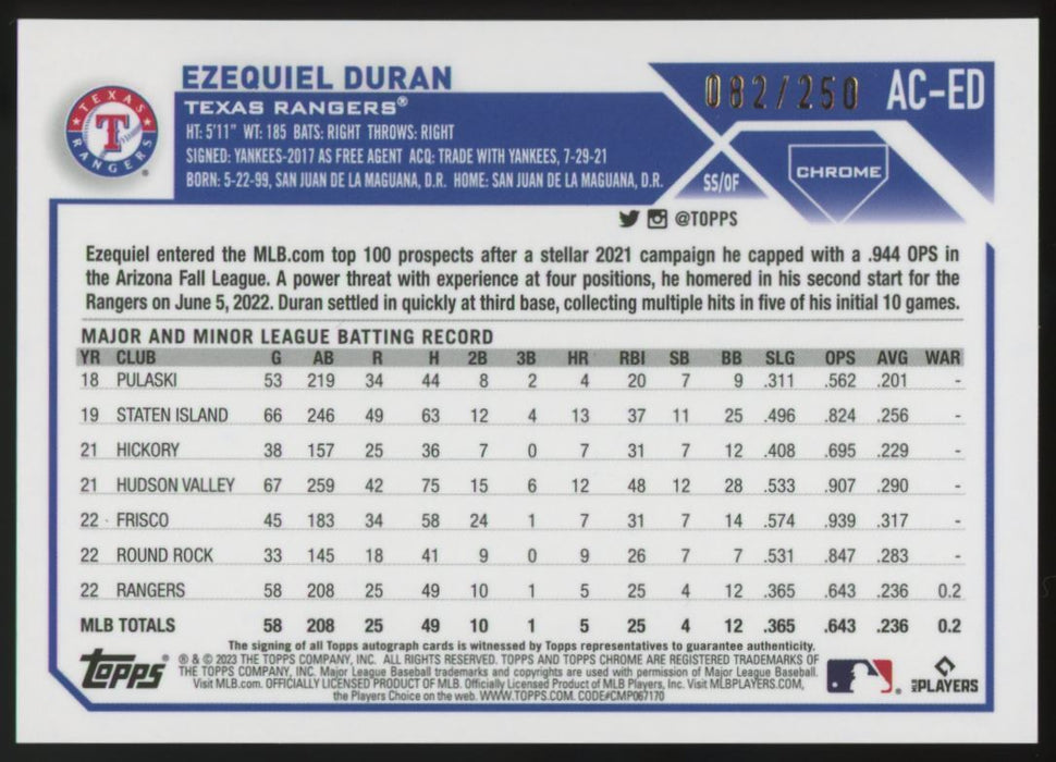 2023 Topps Chrome Update #AC-ED Ezequiel Duran Autographs Purple #/250