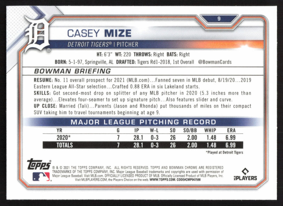 2021 Bowman Chrome #9 Casey Mize