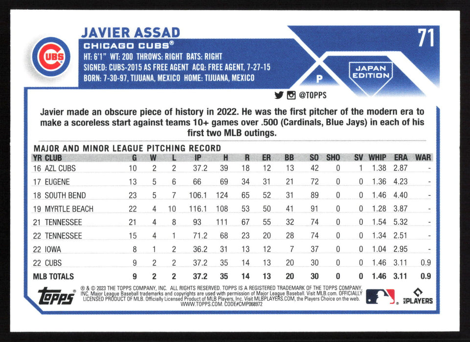 2023 Topps Japan Edition #71 Javier Assad