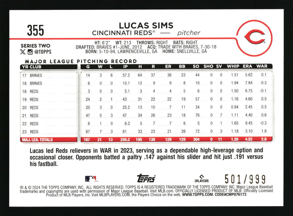 2024 Topps #355 Lucas Sims Blue Holofoil #/999