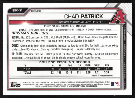 2021 Bowman Draft #BDC-51 Chad Patrick Chrome Refractor