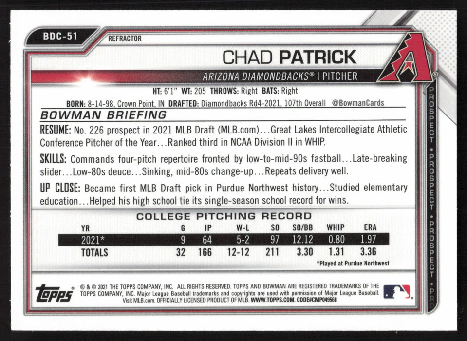 2021 Bowman Draft #BDC-51 Chad Patrick Chrome Refractor