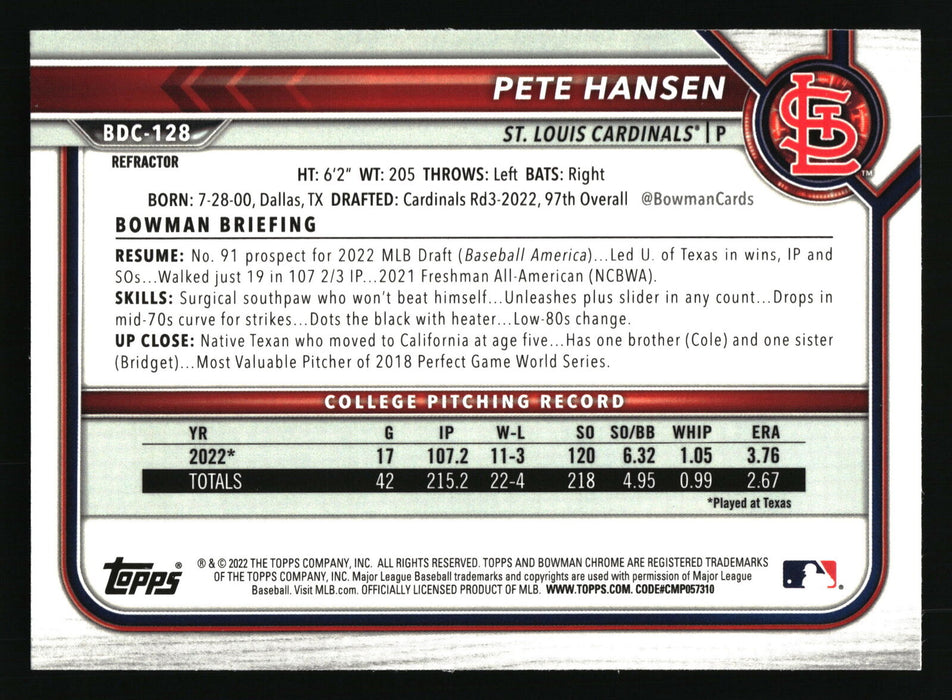 2022 Bowman Draft #BDC-128 Pete Hansen Chrome Refractor