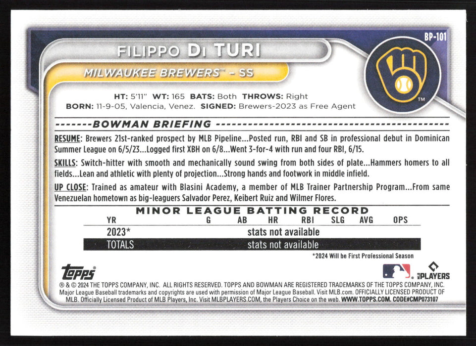 2024 Bowman #BP-101 Filippo Di Turi Base