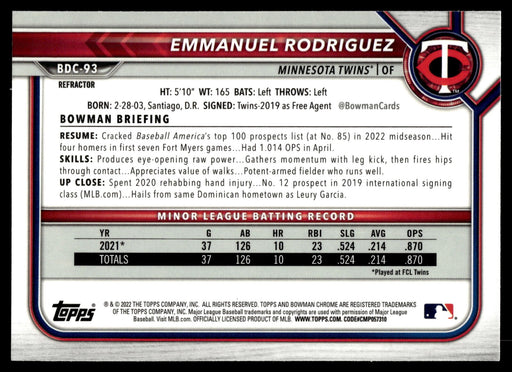 2022 Bowman Draft #BDC-93 Emmanuel Rodriguez Chrome Refractor