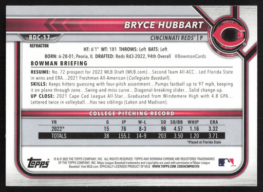 2022 Bowman Draft #BDC-17 Bryce Hubbart Chrome Refractor