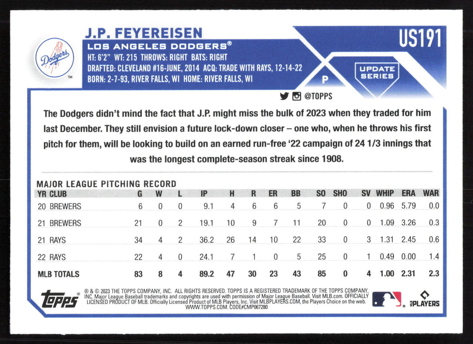 2023 Topps Update #US191 J.P. Feyereisen Gold Foil