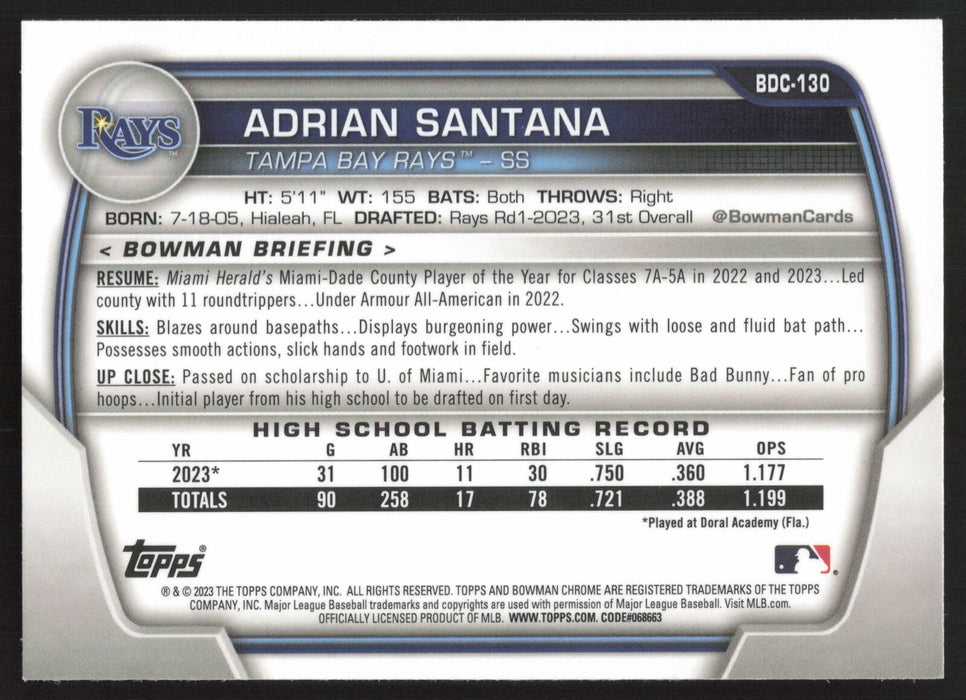 2023 Bowman Draft #BDC-130 Adrian Santana Chrome Sky Blue Refractor