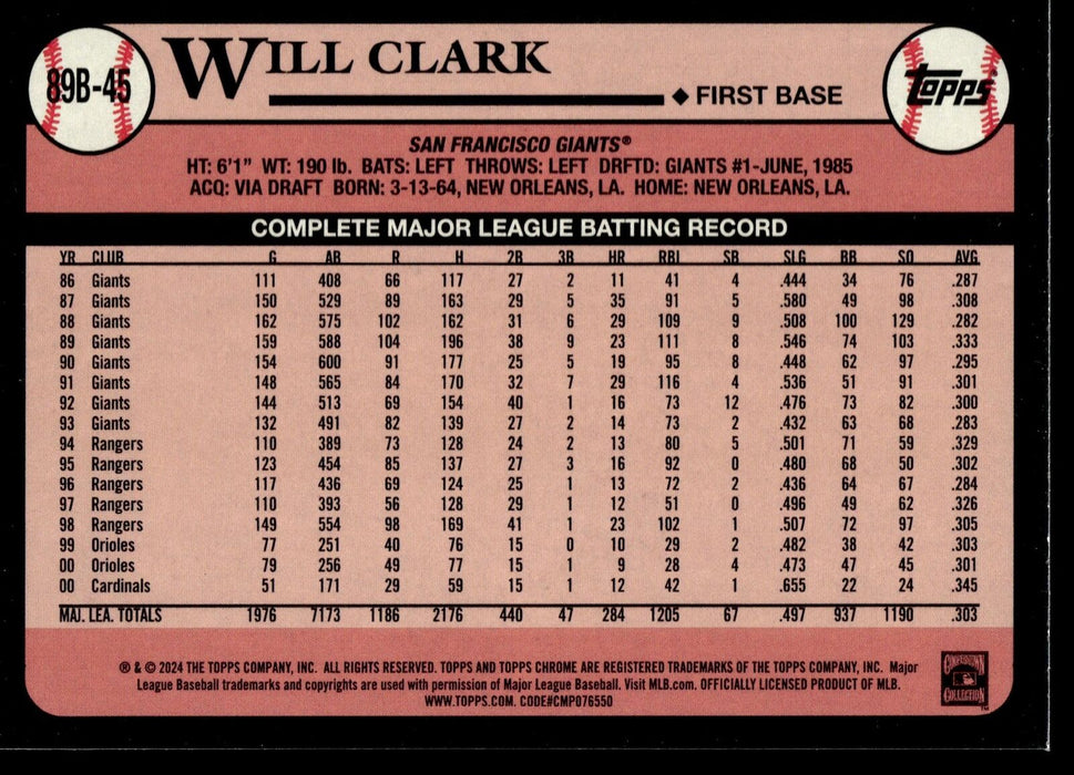 2024 Topps #89B-45 Will Clark 1989 Topps Baseball 35th Anniversary Foil