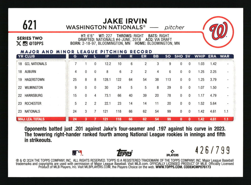 2024 Topps #621 Jake Irvin Purple Holofoil #/799