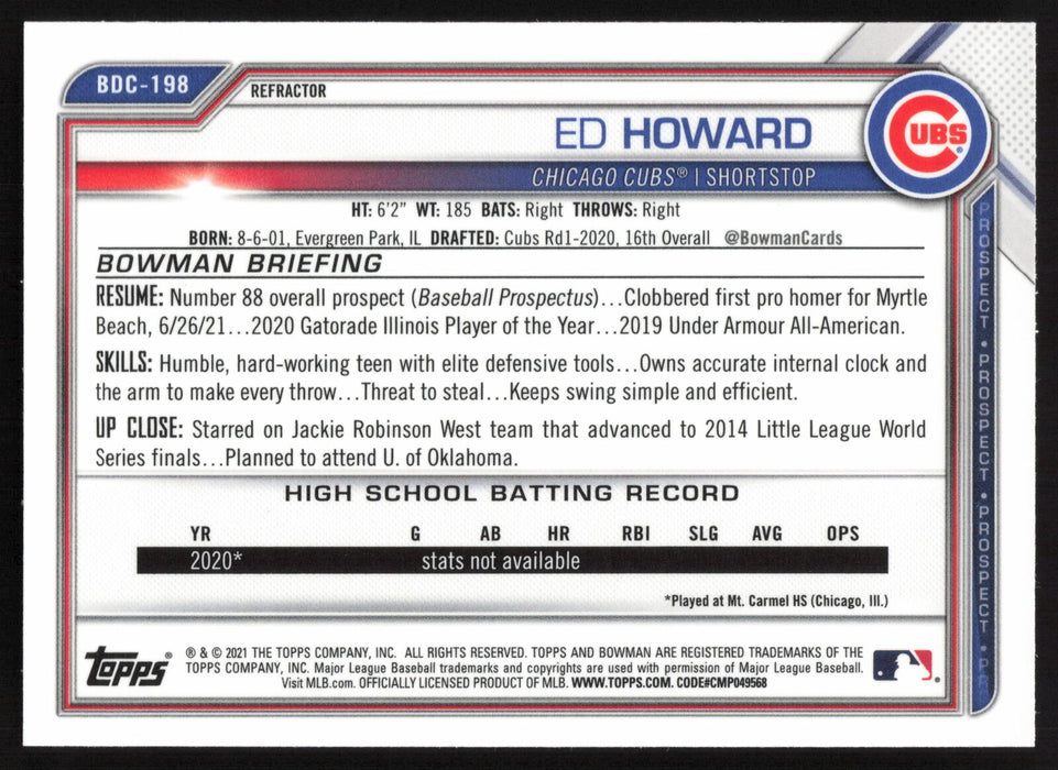 2021 Bowman Draft #BDC-198 Ed Howard Chrome Refractor