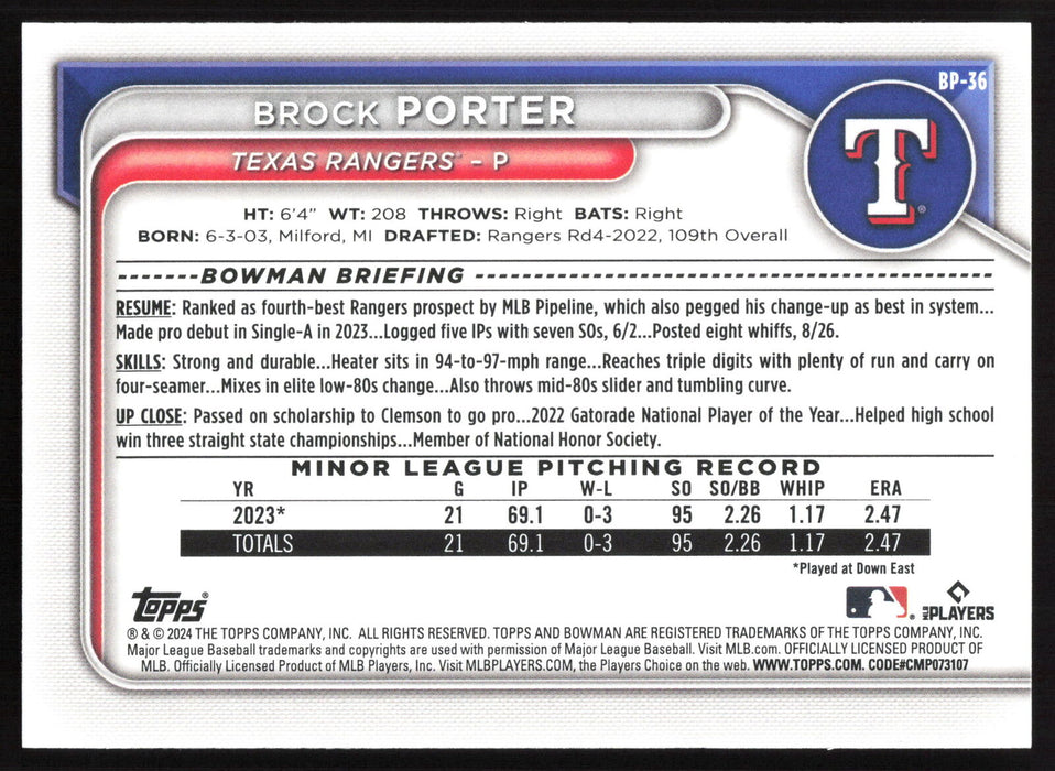 2024 Bowman #BP-36 Brock Porter Prospects Base