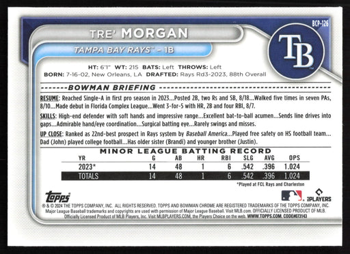 2024 Bowman #BCP-126 Tre' Morgan Chrome Prospects Lunar Glow Refractors