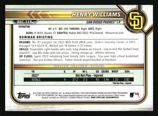 2022 Bowman Draft #BDC-119 Henry Williams Chrome Refractor